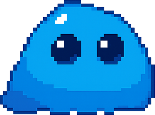 Un slime azul con ojos grandes brillantes. Cute. Pixelart. No background. Transparent background. Blank background. No shadows. 2d. In-Game asset. flat