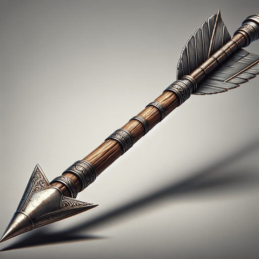 A horizontal handcrafted medieval arrow with a sharp metal tip, sturdy wooden shaft, and feather fletching for stability.
Game asset. Horizontal. Handcrafted look with metallic tip and feather details. High contrast and ready for action.