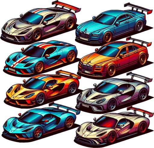 Cars like Lamborghini, Ferrari, Bugatti.
Single Game Texture. In-Game asset. 2d. Blank background. High contrast. No shadows.
