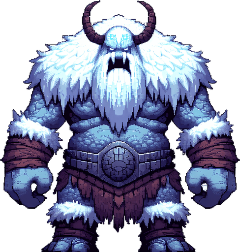 A terrible frost giant enemy sprite. Pixelart. Front view. Single Game Texture. In-Game asset. 2d. Blank background. High contrast. No shadows.