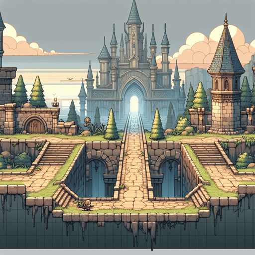 the foregund of a horizontally scrolling game, where the player walks sideways along a path. the color should be muted, fantasy medieval style. the game is a platformer or endless runner game, so everything should be seen from the side..
Single Game Texture. In-Game asset. 2d. Blank background. High contrast. No shadows.