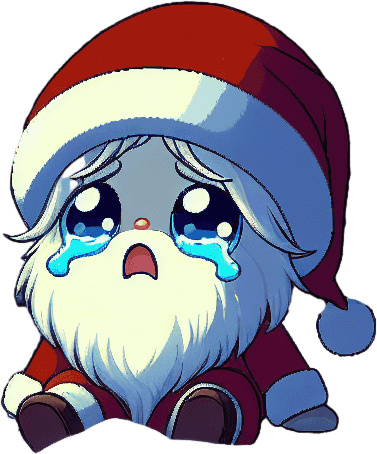 A sad landscape with santa's house, pines, snow, mountains in the back, at night. A cute sad santa crying with big tears in the front. clean feeric style. Background image. 2d. Blank background. Color. High contrast. No shadows.