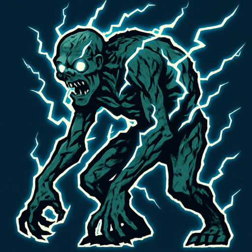 yıldırımlarla kaplı bir canavar istiyorum hafif kambur duruşlu biraz zombi gibi.
In-Game asset.  2d.  High contrast.  No shadows
