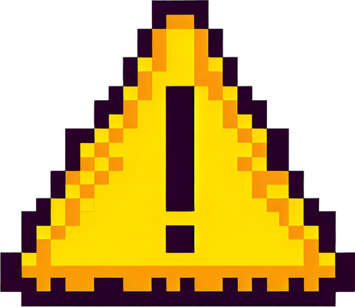 yellow warning sign. flat pixelated. 8 bit..
Single Game Texture. In-Game asset. 2d. Blank background. High contrast. No shadows.