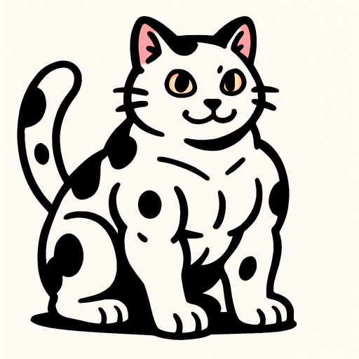 kaslı ve beyaz ama üstünde siyah benekelri olan tatlı bir kedi.
In-Game asset.  2d.  High contrast.  No shadows