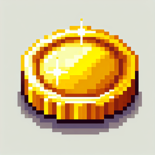 Золотая монетка.
Single Game Texture.  In-Game asset.  2d.  Blank background.  High contrast.  No shadows. pixel art