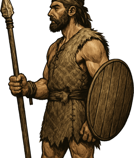 Taş çağında asker, yazısız, gerçekçi, yandan görünüm.
In-Game asset.  High contrast.  No shadows