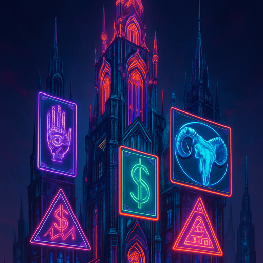 Neon cyberpunk skyscraper occult capitalist 3d hologram billboards futuristic elaborate architecture multidimensional towering city spires glowing
