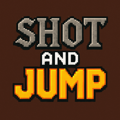 letras hechas con pixeles que dicen shot and jump las letras shot tendran un estilo medieval y tendran un color gris,las letras and color blanco con contorno negro y las letras jump de color amarillo con contorno naranja