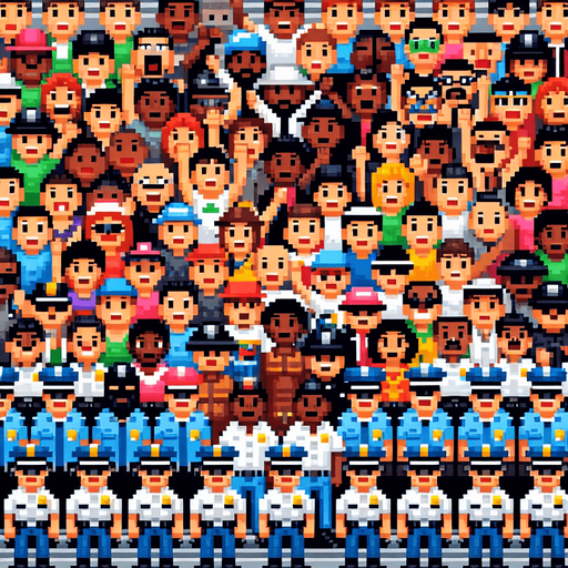 8-bit crowd of police and others cheer.
Single Game Texture. In-Game asset. 2d. Blank background. High contrast. No shadows.
