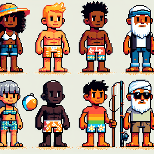 5 cartoon 8 bit beachy characters.
Single Game Texture. In-Game asset. 2d. Blank background. High contrast. No shadows.