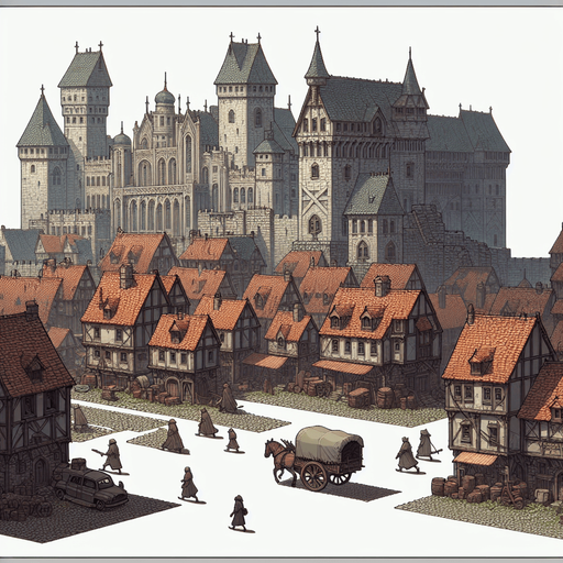 An animated image a medieval city with a castle.
Single Game Texture. In-Game asset. 2d. Blank background. High contrast. No shadows.