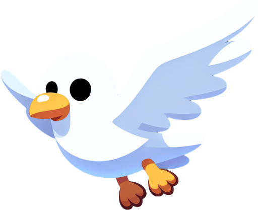 A cartoon-style seagull in mid-flight, white feathers with a light gray beak and wings slightly spread out. Expressions should be fun and mischievous.".
Single Game Texture.  In-Game asset.  2d.  Blank background.  High contrast.  No shadows