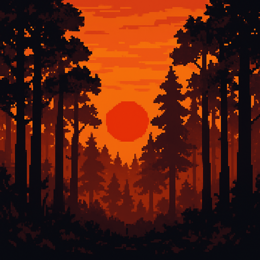Draw me an image of a forest as the sun sets in the evening. 2d pixel.
In-Game asset.  2d.  High contrast.  No shadows