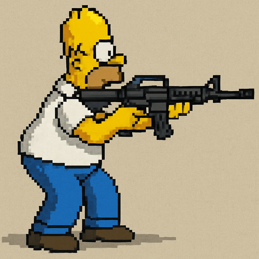 homero simpson hecho con pixeles de cuerpo completo con perspectiva lateral apuntando con rifle de asalto m4
I