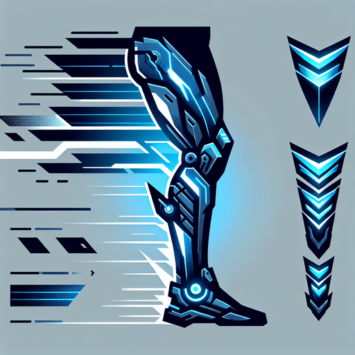 A stylized, sleek cybernetic boot or leg silhouette with clear motion lines trailing behind it (like speed lines). Alternatively, three chevrons (>>>) pointing forward, glowing with blue energy, suggesting rapid advancement..
Single Game Texture.  In-Game asset.  2d.  Blank background.  High contrast.  No shadows