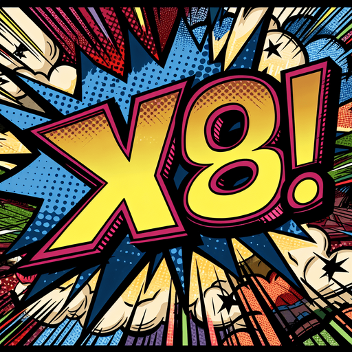 text popup "x8!".
comic style