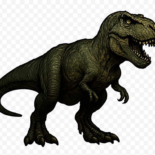 A massive Tyrannosaurus rex dinosaur depicted in a neutral standing pose on a transparent background. It has a powerful, muscular body covered in rough, dark green and brown scaly skin with visible wrinkles and scars. The head is huge with a wide mouth slightly open, showing rows of sharp teeth and piercing yellow eyes. Its short but strong arms have two clawed fingers, and the thick tail balances the bulky body. The skin texture features detailed scales and subtle shading, emphasizing its predatory strength and dominance..
In-Game asset.  2d.  High contrast.  No shadows