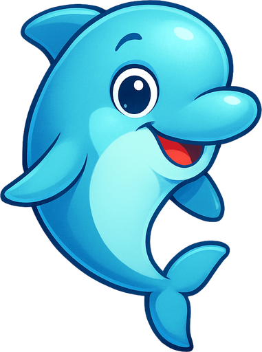 A cute cartoon-style dolphin character designed for a mobile game. Smooth, shiny skin, big round eyes full of curiosity, a friendly smile, and a playful pose as if leaping or floating in water. Light blue or aqua color with soft highlights, small flippers, and a sleek body. Joyful and approachable expression. Simple, colorful underwater background with bubbles and coral. High-quality digital illustration, perfect for a kids game..
In-Game asset.  2d.  High contrast.  No shadows. cartoon style