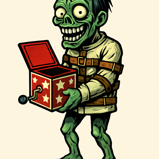 Zombi a cuerpo completo de piel verdosa y pálida, con cabello desordenado y ojos saltones, viste una camisa de fuerza con correas de cuero alrededor de sus brazos y torso. sostiene una caja de sorpresas roja y blanca con estrellas, que tiene una manivela en un lado. Su expresión es de una sonrisa macabra.
In-Game asset.  2d.  High contrast.  No shadows