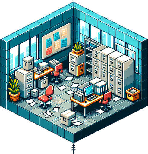 Single Game Texture. In-Game asset. 2D. Blank background. High contrast. No shadows. A pixel-art retro office background featuring cubicles, filing cabinets, and scattered papers. The design is simple but vibrant, with blocky shapes and bright colors suitable for a static 2D game environment..
Single Game Texture. In-Game asset. 2d. Blank background. High contrast. No shadows.