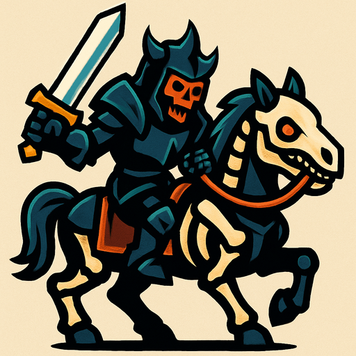 Kara şövalye iskelet atının üzerinde elinde parlak bir kılıç tutuyor.
In-Game asset.  2d.  High contrast.  No shadows