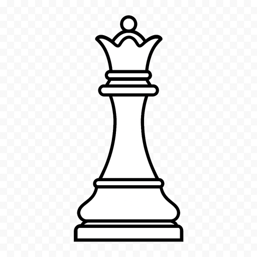 Create a refined and graceful white queen chess piece image with a transparent background. It should have clear black outlines and a classic design, easily distinguishable from other pieces. The style must fit a minimalist black-and-white chessboard. Output as a PNG with transparency..
In-Game asset.  2d.  High contrast.  No shadows