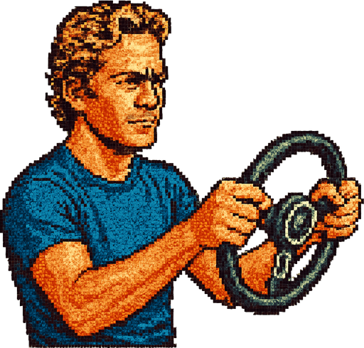 Paul walker holding a car wheel as if he's driving. vintage retro 1980 style. 3/4 view. pixelated. 8 bit. Single Game Texture. In-Game asset. 2d. Blank background. High contrast. No shadows.