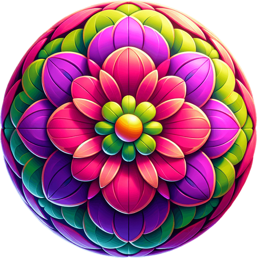 A round magenta and green flower. Top down view.
Single Game Texture. In-Game asset. 2d. Blank background. High contrast. No shadows.