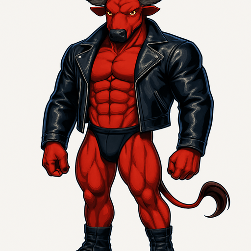 idle animation hunky Minotaur man Cyberpunk manga, minotaur monster hunk, shiny black leather biker jacket longsleeves shirtless muscles, jockstrap combat boots, Background removed, "Full-body character, entirely in frame, no cropping of face, head, or feet" "Complete character visible, from horns to hooves, fully centered in the image" "Entire character, including face and boots, fully within the frame" Character fully contained within a square frame, no edges cut off fashion model idle pose