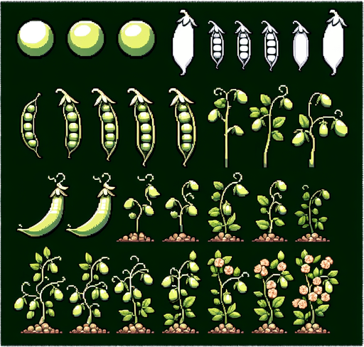 A spritesheet showing a pea plant in various stages of germantion, from pea over sapling and to full grown plant with ripe pea pods. The sprites should be laid out in a rectangular grid with blank space between them..
Single Game Texture. In-Game asset. 2d. Blank background. High contrast. No shadows.
