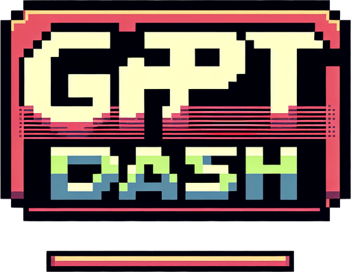 pixel art of a title screen logo with "GPT DASH" written on it, no shadows.
Single Game Texture. In-Game asset. 2d. Blank background. High contrast. No shadows.