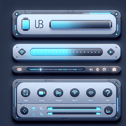 A 2D top UI bar for a mobile phone interface, designed with a futuristic aesthetic. The bar is flat and minimalistic, stretching horizontally across the top of the screen. On the right side, a simple battery icon is displayed, filled to indicate the charge level. The rest of the bar features small, clean icons for signal strength, Wi-Fi, and notifications, along with a digital clock in a modern, futuristic font. The design is clean and functional, with subtle accents like soft blue highlights to give it a slightly futuristic feel while keeping it simple and UI-focused..
Single Game Texture. In-Game asset. 2d. Blank background. High contrast. No shadows.
