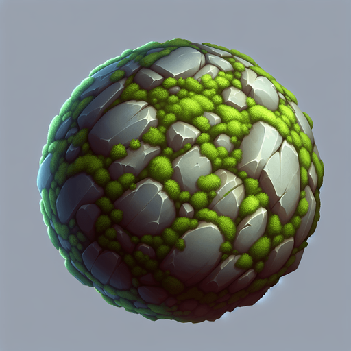 una piedra redonda musgosa.
Single Game Texture.  In-Game asset.  2d.  Blank background.  High contrast.  No shadows