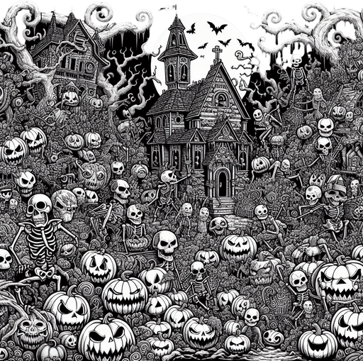 Generate a high quality cartoon background Halloween image on a black canvas similar to the format of where is waldo with a hellish environment.
Single Game Texture. In-Game asset. 2d. Blank background. High contrast. No shadows.