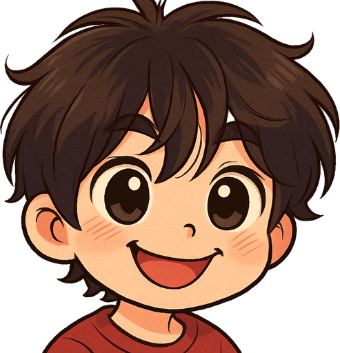 make him in cartoon chibi style, retains his characteristic features such as his puppy dog ​​eyes and mischievous expression, energetic and friendly smile like a curious child, please
