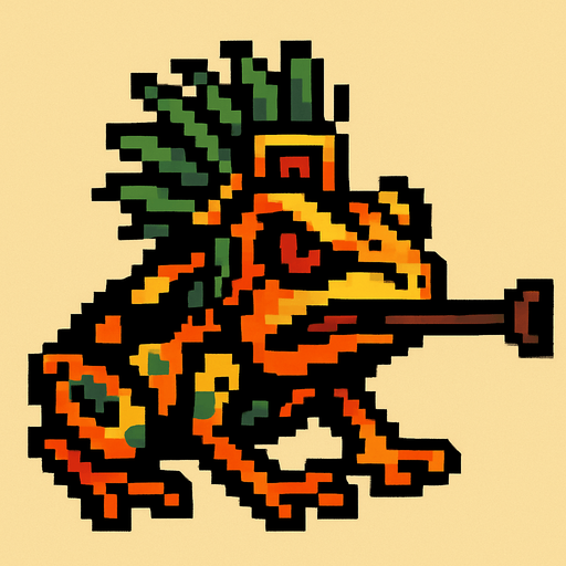 Genérame una Rana de dardo venenosa guerrero azteca con eso patrones, estilo pixelar, con una apariencia maligna, ojos rojos, rabioso. Unidad a distancia, con cerbatana. Animal.
In-Game asset.  2d.  High contrast.  No shadows