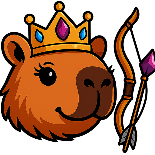 Quitale la resortera y el casco. Añadele una corona de reina con gemas. Añade tambein un arco dorado y una fleca con una punta morada brillante. Dame la imagen sin fondo. Ponle pestañas pequeñas en los ojos.