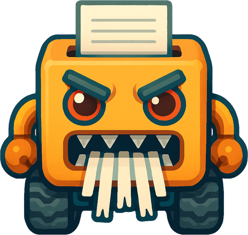 An aggressive mobile paper shredder robot. Viewed from a straight angle right in front. Cute soft graphics. soft ambient light. semi-matte to satin surfaces. naturalistic with slight saturation boost colors. 
In-Game asset.  2d.  High contrast.  No shadows. top down.