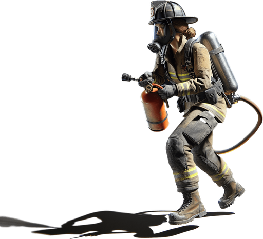 firefighter using fire extinguisher
Single Game Texture.  In-Game asset.  2d.  Blank background.  High contrast.  No shadows