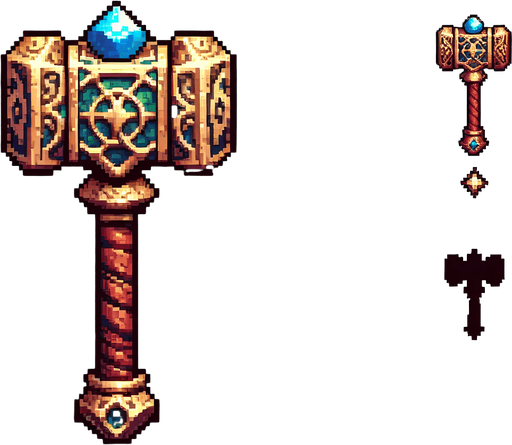 Магический элегантный молот мастера эльфа.
Single Game Texture. In-Game asset. 2d. Blank background. High contrast. No shadows.Pixel Art
