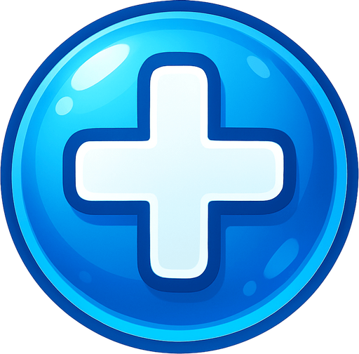 A 2D top-down icon for a match-3 special gem with a bright colored jewel (blue or red) and a bold white plus (+) sign on top.
The plus sign should be centered, thick, and clearly visible.
The gem should have a shiny, cartoon-style look with soft gradients and a glowing outline.
No background, transparent, game-ready.