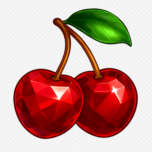 Crea un asset para el símbolo 'E' de Megaways: Cerezas Lujosas.
Dos cerezas rojas, estilizadas para parecer joyas o gemas, con una superficie brillante y reflejos. El tallo debe ser fino y elegante. Colores rojos intensos y brillantes. Estilo de casino sofisticado. Fondo transparente. Un giro elegante a un clásico (20x).
In-Game asset.  2d.  High contrast.  No shadows