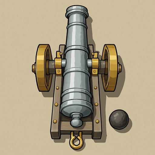 17. century light gray with gold cannon for seaside only naked shooting cannon topdownlook medieval-semirealistic,.
In-Game asset.  2d.  High contrast.  No shadows
