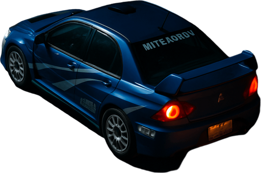 Photorealistic Mitsubishi Lancer Evolution Rallycar in nightlight, drone topview from back and 45 degrees angle in top right corner