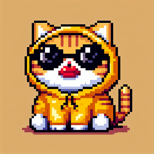 The character in the image is now envisioned as a pixel-art masterpiece, akin to a legendary golden NFT. This orange tabby cat, with its distinct stripes, is brought to life using a luxurious palette of golden and orange square pixels. The round face is accentuated by large, black pixels for eyes, shielded by opulent, oversized, round, dark opaque sunglasses crafted from golden pixels. The cat's signature, exaggerated red pout, resembling a duck's bill, is rendered in a rich, golden hue, stretching across the entire width of its face, adding to its rarity and allure. The body, deliberately smaller in pixel size compared to its head, is designed to enhance the character's cute, chubby appearance, all in golden tones to emphasize its legendary status. Adorned in a simple, light-colored hoodie with a golden pixelated drawstring, the cat sits with its paws visible in front, maintaining a relaxed posture. This creation, with its playful and whimsical pixel art style, embodies the essence of a luxurious and rare digital collectible, perfect for a high-value NFT mascot or a character in an exclusive digital children's book..
Single Game Texture. In-Game asset. 2d. Blank background. High contrast. No shadows.