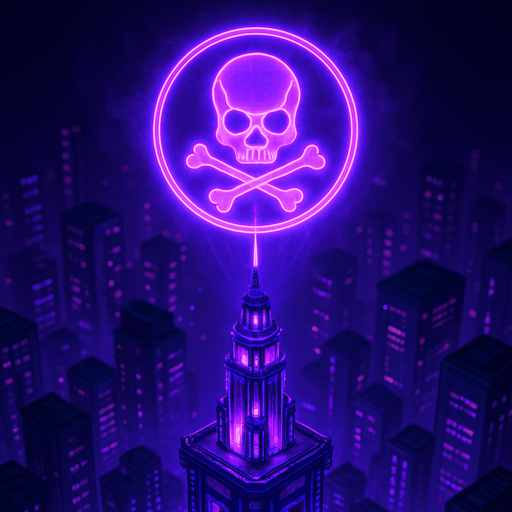Top down isometric neon cyberpunk anime tower spire 3d hologram glowing purple hd large poison symbol projected overhead
