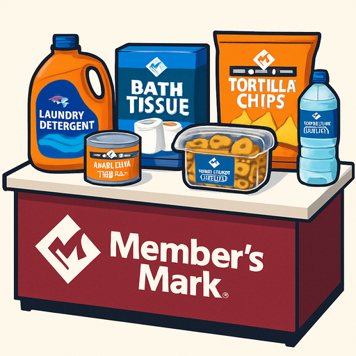 Una mesa de un demostrados, con productos members mark..
In-Game asset.  High contrast.  No shadows