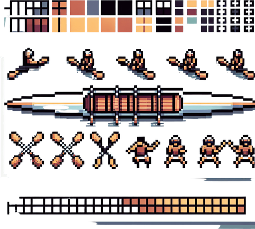 sprite sheet for a rowing olympic boat. the boats needs to be arranged organized for easy cropping. bird-view perspective. pixelated. 8-bit.
Single Game Texture. In-Game asset. 2d. Blank background. High contrast. No shadows.