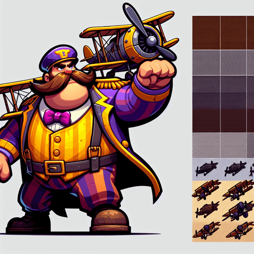 Wario flying an aeroplane.
Single Game Texture.  In-Game asset.  2d.  Blank background.  High contrast.  No shadows
